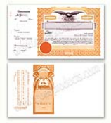 Stock Certificate "194 Series" Package of 500	 comes in orange and brown, visit AtoZstamps.com 
15 x 8 1/2 Stock Certificates - 11 x 8 1/2 with 4" stub