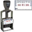 This self-inking metal message date stamp has a 10-year date band. Prints the message RECEIVED in BLUE ink and the date in RED ink.