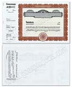 Stock Certificate "723 Series" Package of 100	 comes in brown, blue, green and red, visit AtoZstamps.com 11 x 8 1/2 w/3" stub