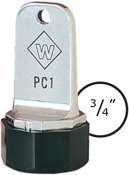 This stamp comes with a solid neoprene plug, and with a plastic cap.  It has a key hole for keychain, a heavy duty metal handle and rubber die.