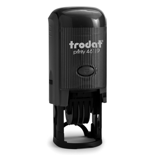 This Self Inking Dater is made of a light, smooth molded plastic, producing a clear crisp impression. This stamp is also durable and comes with a new band cover. AtoZstamps.com Trodat Round Date Stamp with Text 46119